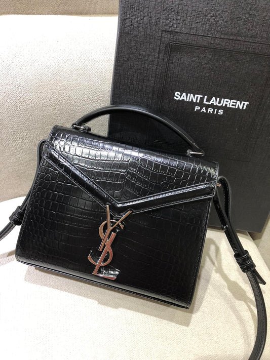Saint Laurent Cassandra Mini Top Handle Bag in Crocodile-Embossed Leather - Black