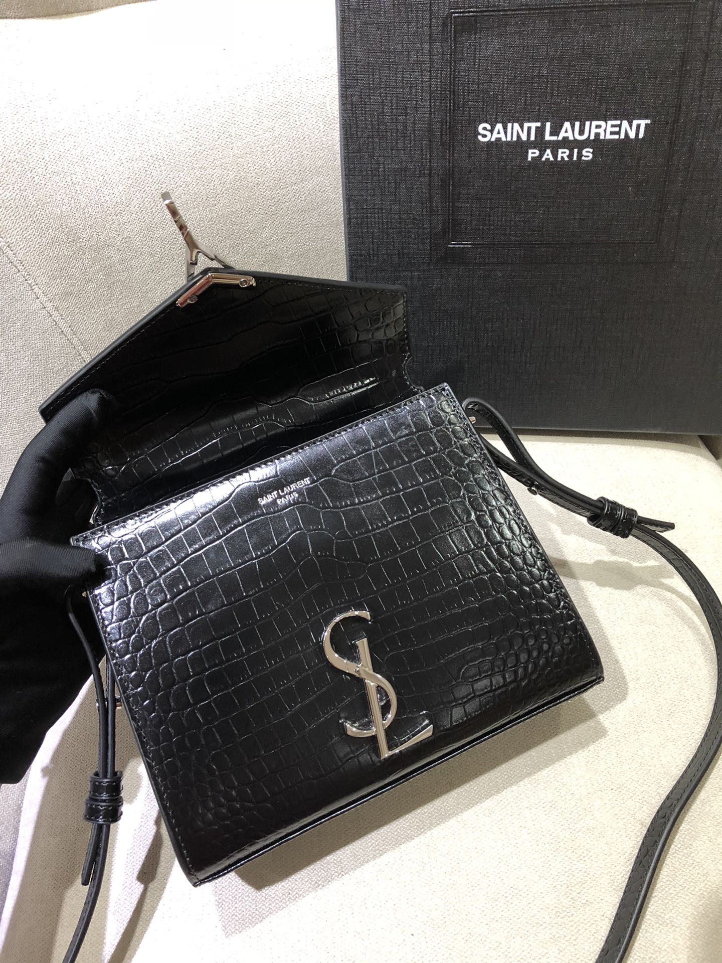 Saint Laurent Cassandra Mini Top Handle Bag in Crocodile-Embossed Leather - Black