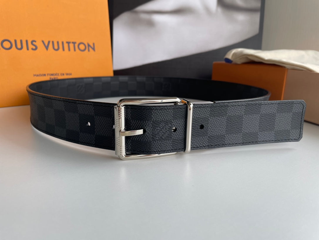 Louis Vuitton Men's Damier Cobalt Canvas Belt with Silver-Tone Buckle, Blue/Black Checkered Pattern Designer Luxury Accessory
