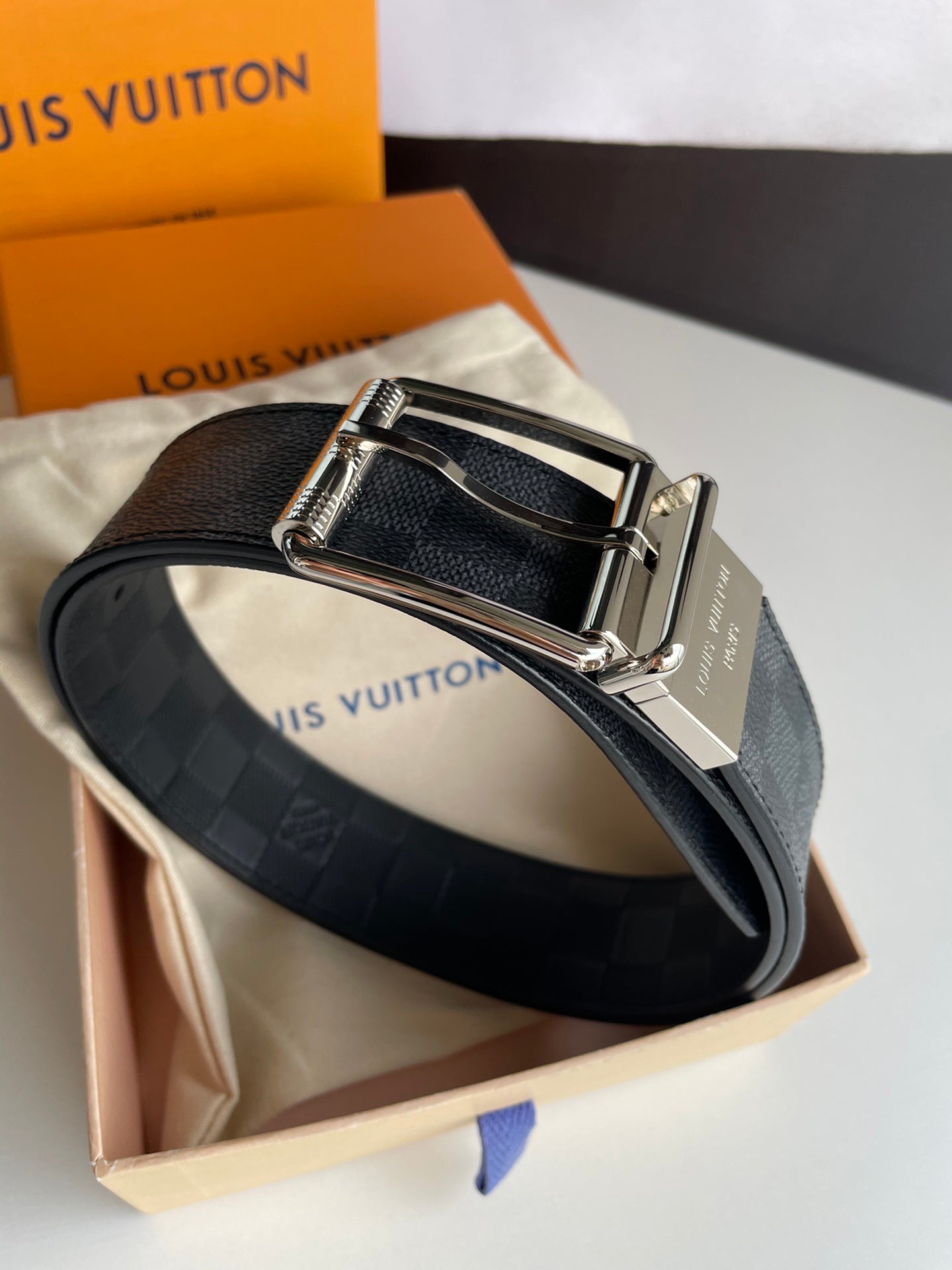 Louis Vuitton Men's Damier Cobalt Canvas Belt with Silver-Tone Buckle, Blue/Black Checkered Pattern Designer Luxury Accessory