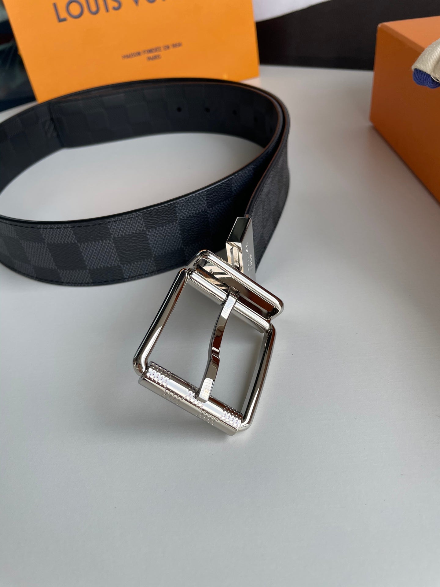 Louis Vuitton Men's Damier Cobalt Canvas Belt with Silver-Tone Buckle, Blue/Black Checkered Pattern Designer Luxury Accessory