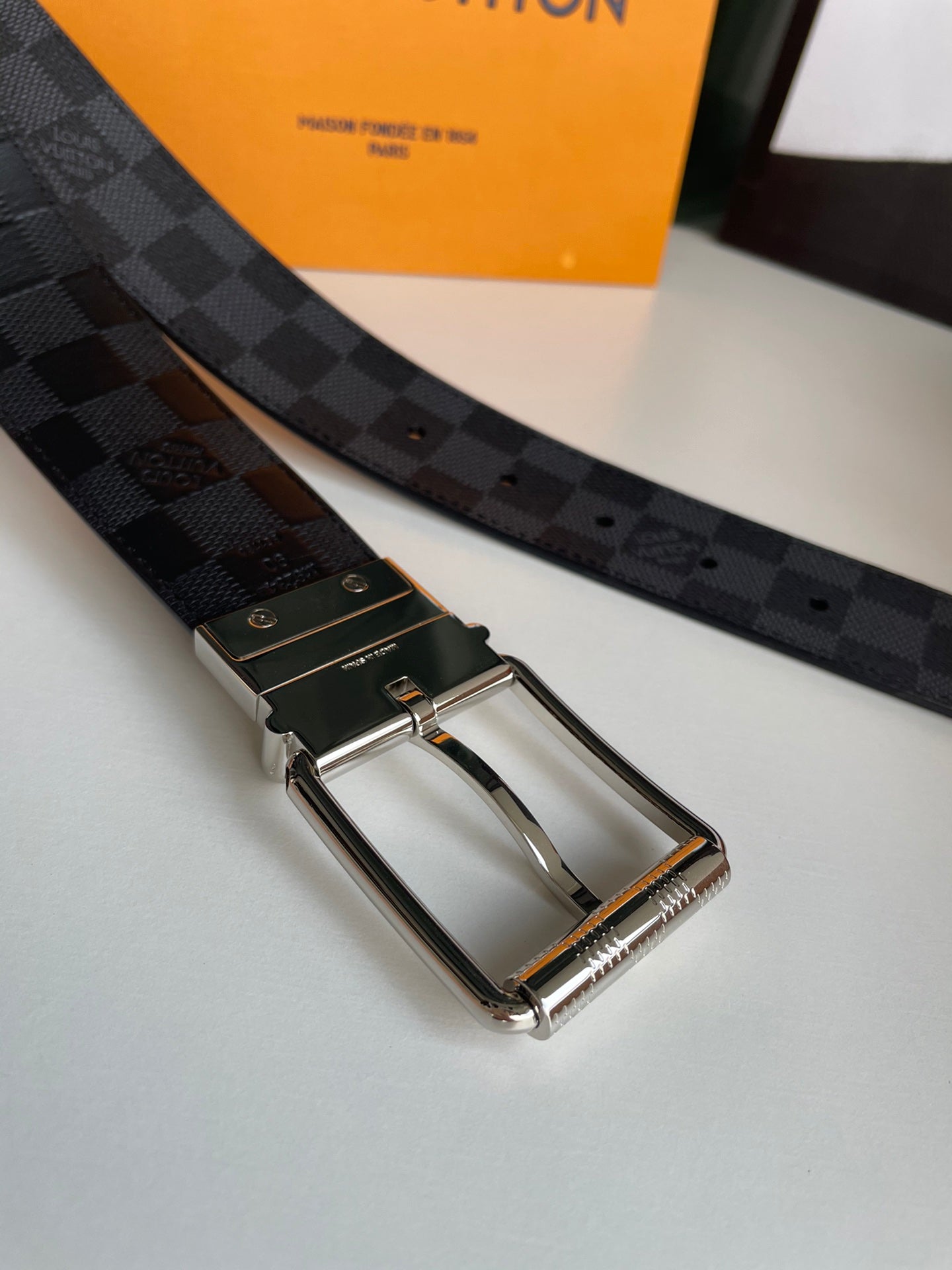 Louis Vuitton Men's Damier Cobalt Canvas Belt with Silver-Tone Buckle, Blue/Black Checkered Pattern Designer Luxury Accessory