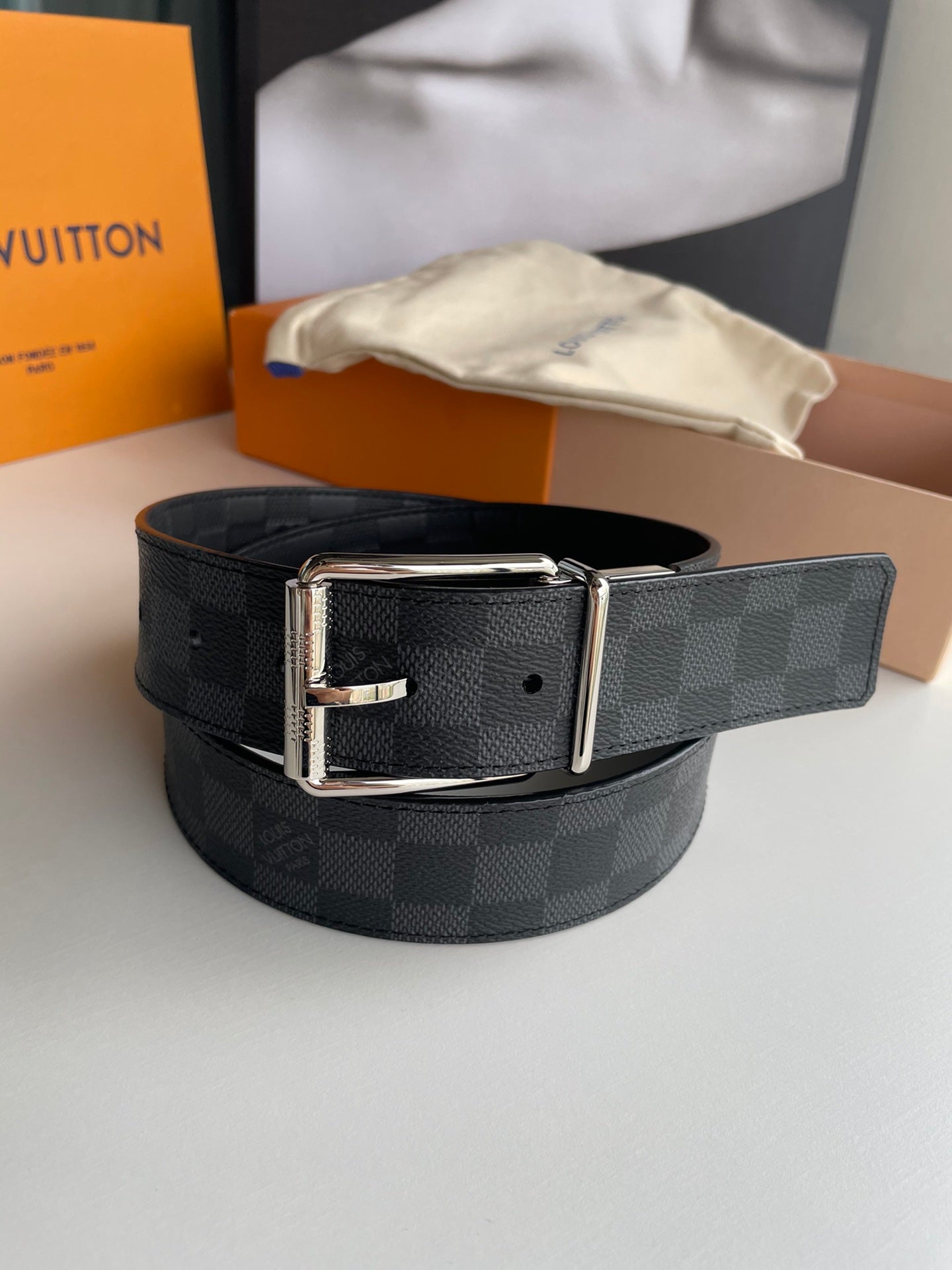 Louis Vuitton Men's Damier Cobalt Canvas Belt with Silver-Tone Buckle, Blue/Black Checkered Pattern Designer Luxury Accessory