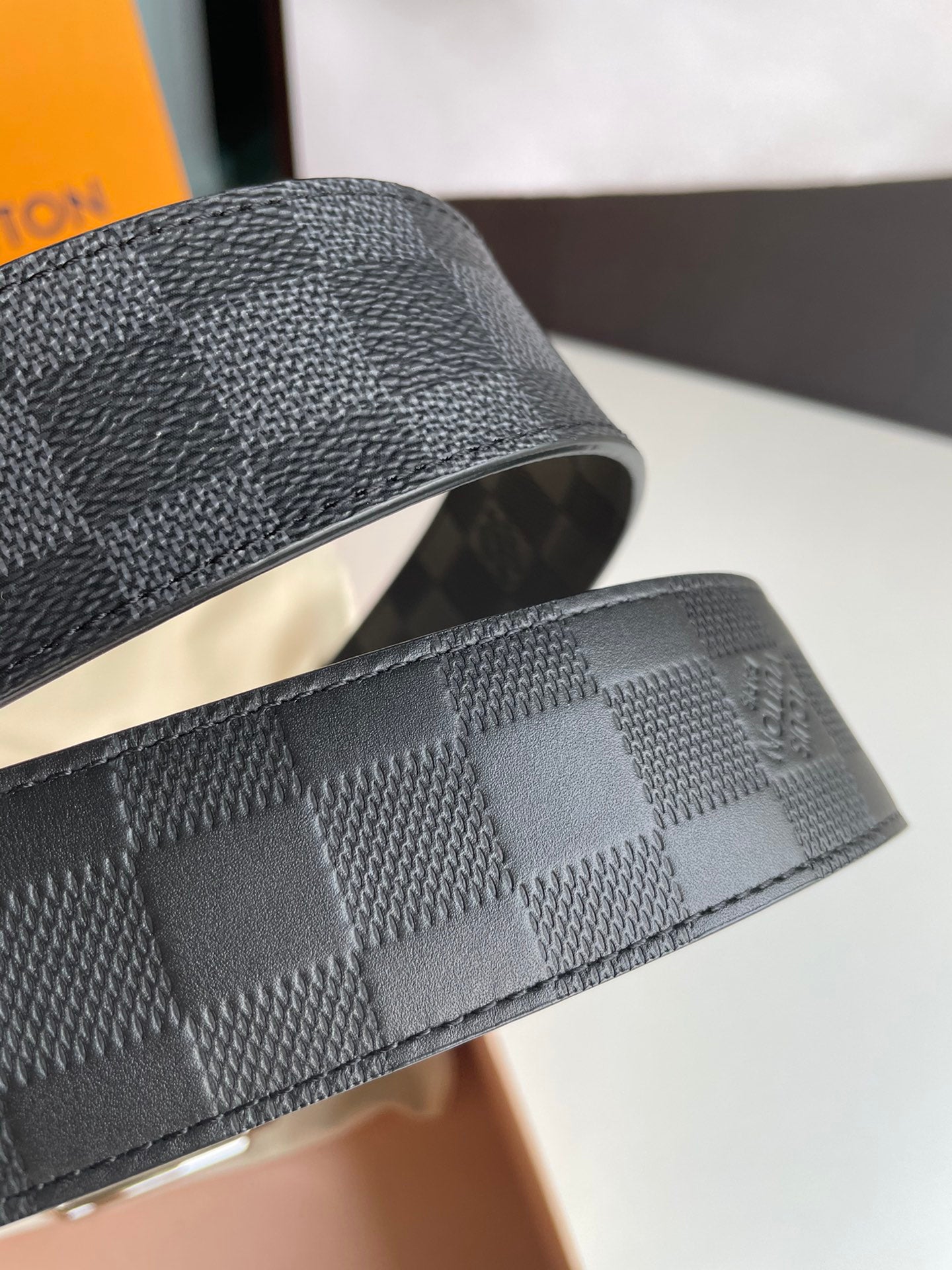Louis Vuitton Men's Damier Cobalt Canvas Belt with Silver-Tone Buckle, Blue/Black Checkered Pattern Designer Luxury Accessory