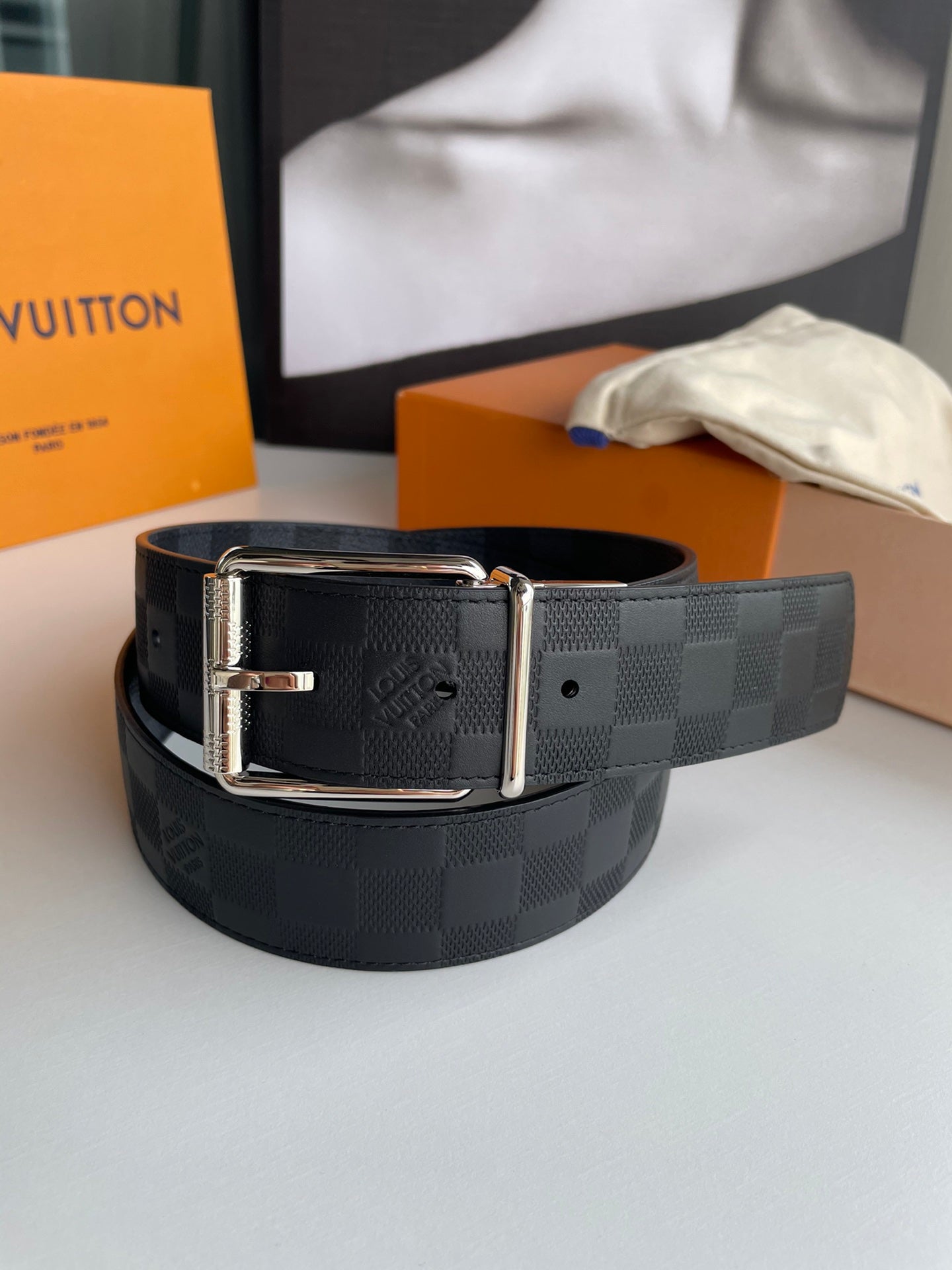 Louis Vuitton Men's Damier Cobalt Canvas Belt with Silver-Tone Buckle, Blue/Black Checkered Pattern Designer Luxury Accessory
