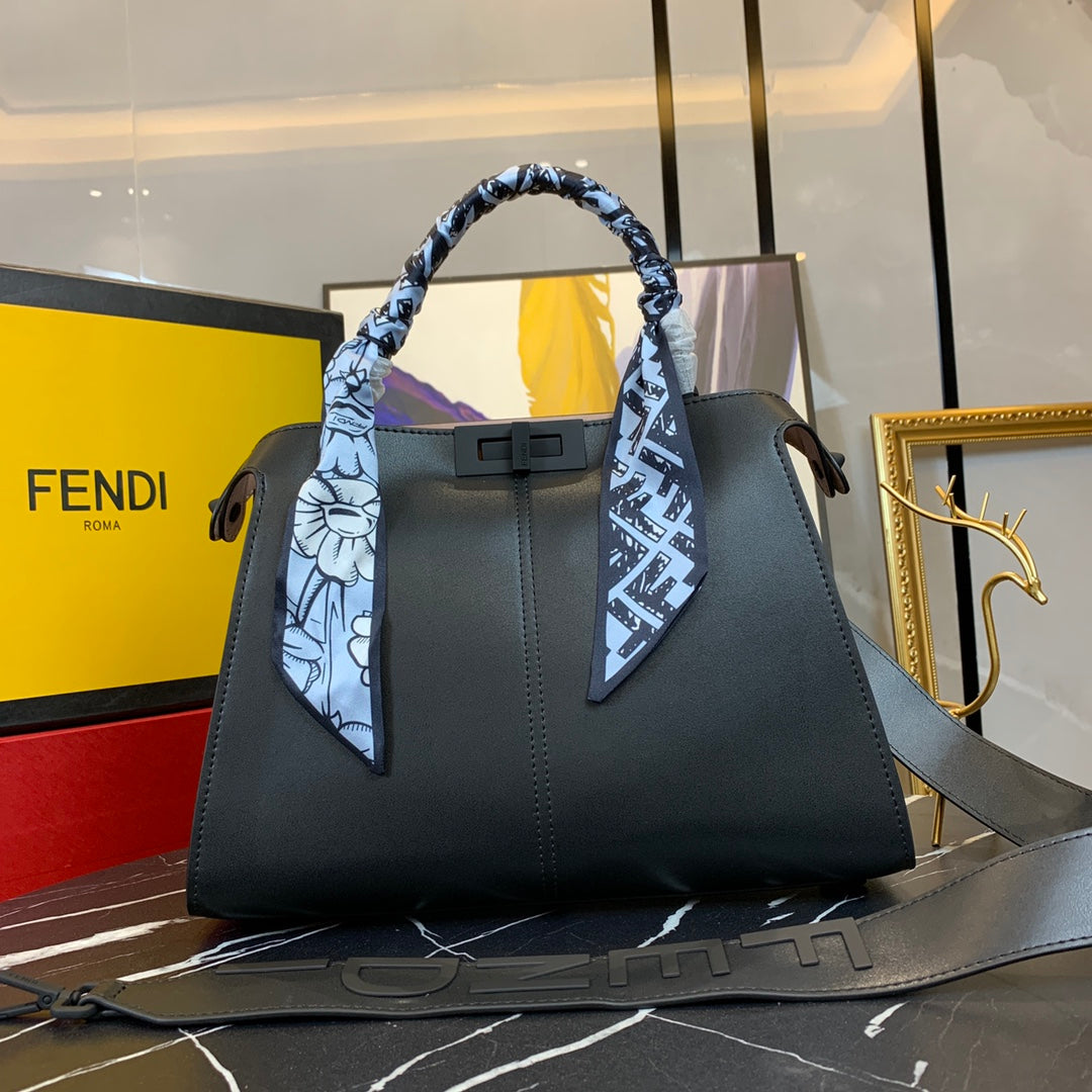 Fendi Peekaboo ISeeU Medium Black Leather Handbag with Silk Scarf