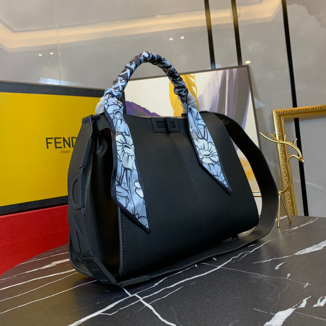 Fendi Black Leather Peekaboo Bag with Scarf Wrapped Handle and Logo Strap