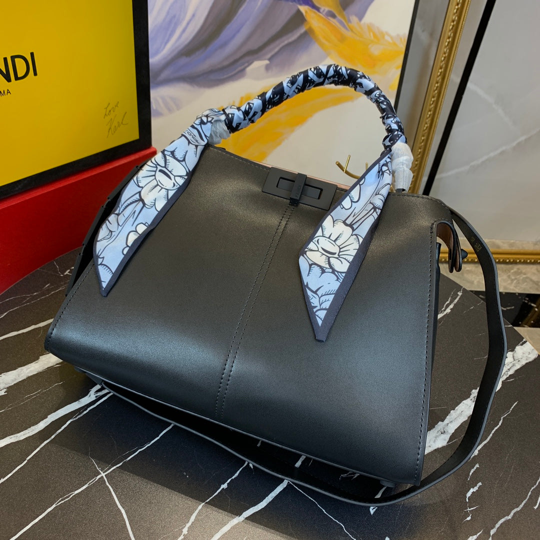 Fendi Peekaboo ISeeU Medium Black Leather Handbag with Silk Scarf