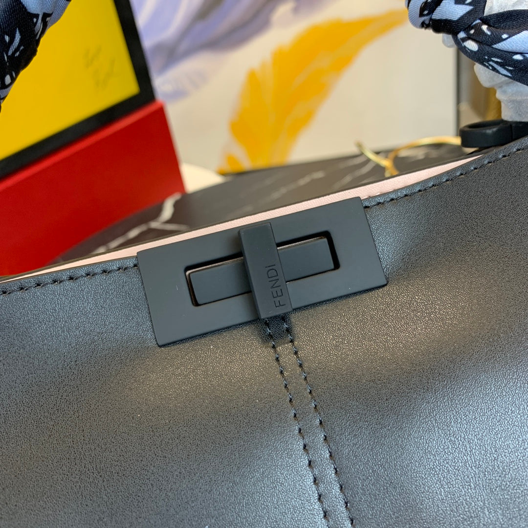 Fendi Black Leather Peekaboo Bag with Scarf Wrapped Handle and Logo Strap