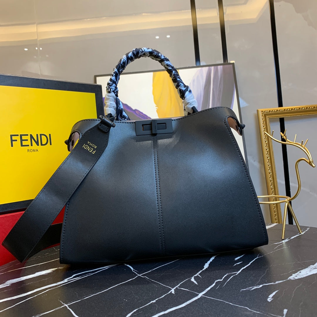 Fendi Black Leather Peekaboo Bag with Scarf Wrapped Handle and Logo Strap