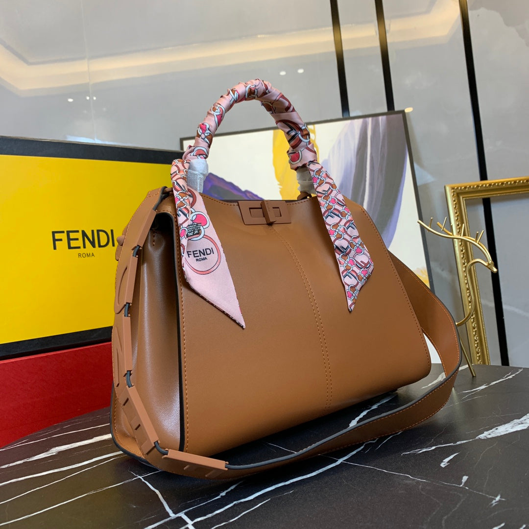 Fendi Peekaboo Brown Leather Handbag with Scarf-Wrapped Handle and Logo Strap