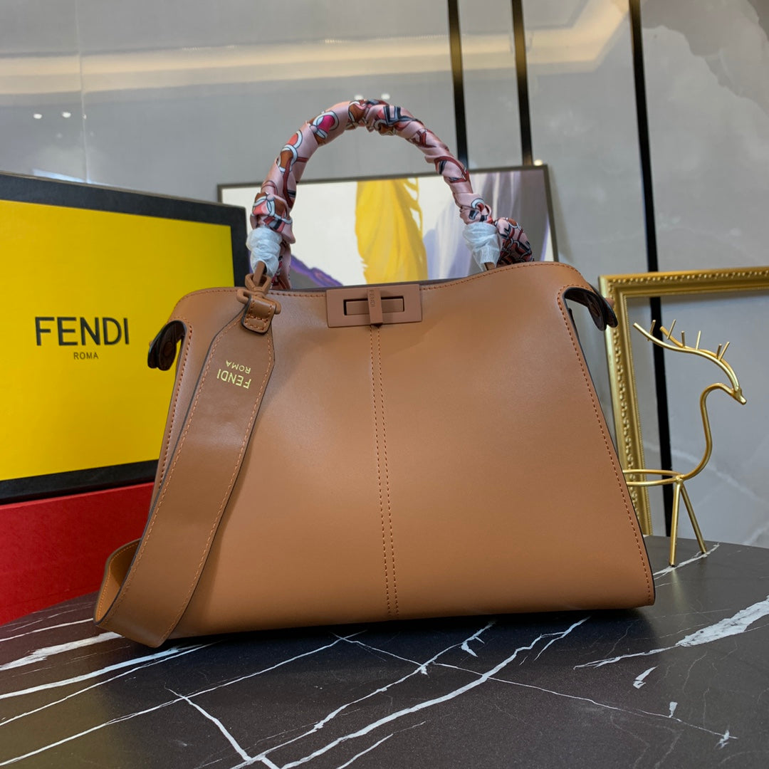 Fendi Peekaboo Brown Leather Handbag with Scarf-Wrapped Handle and Logo Strap