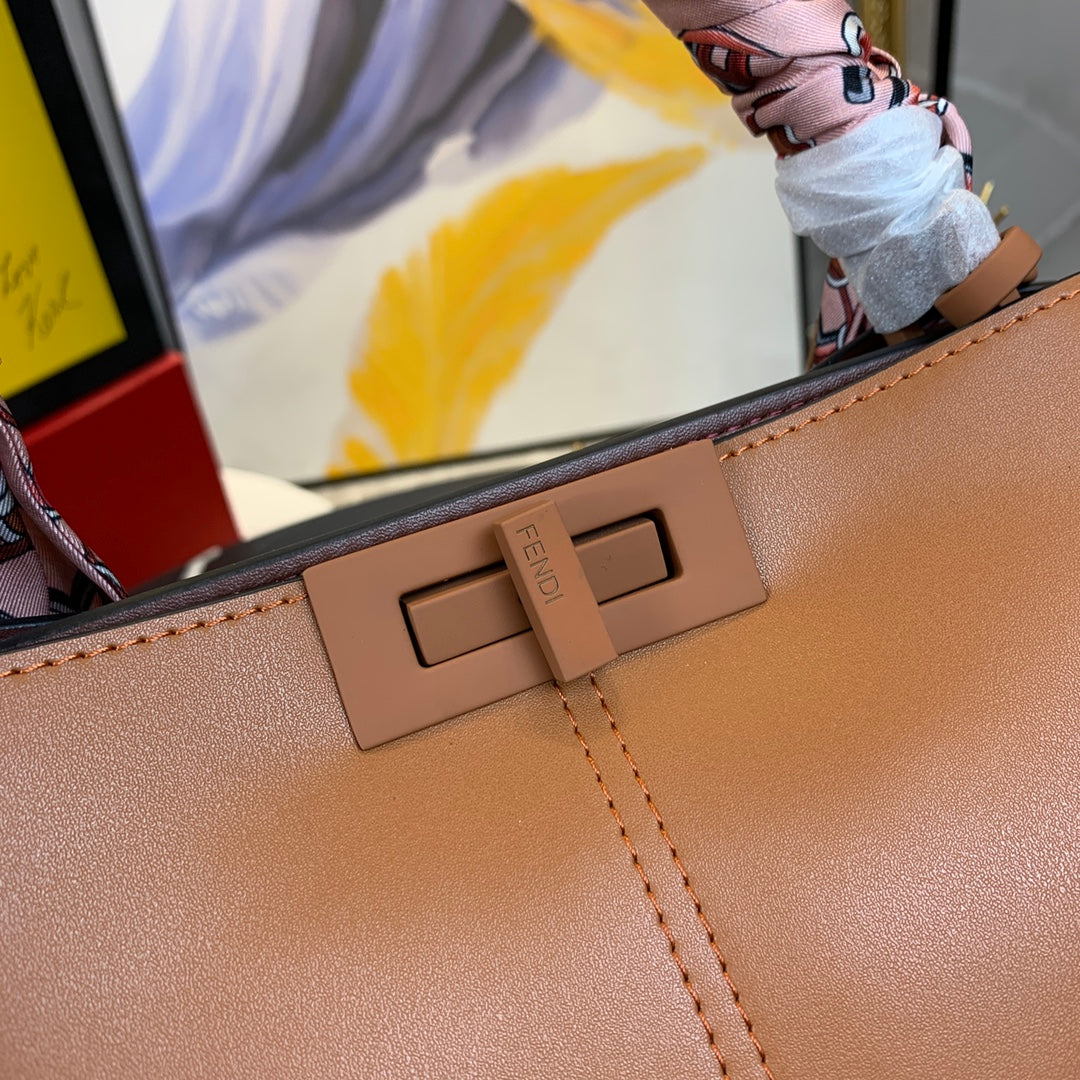 Fendi Peekaboo ISeeU Medium Brown Leather Handbag with Scarf-Wrapped Handle