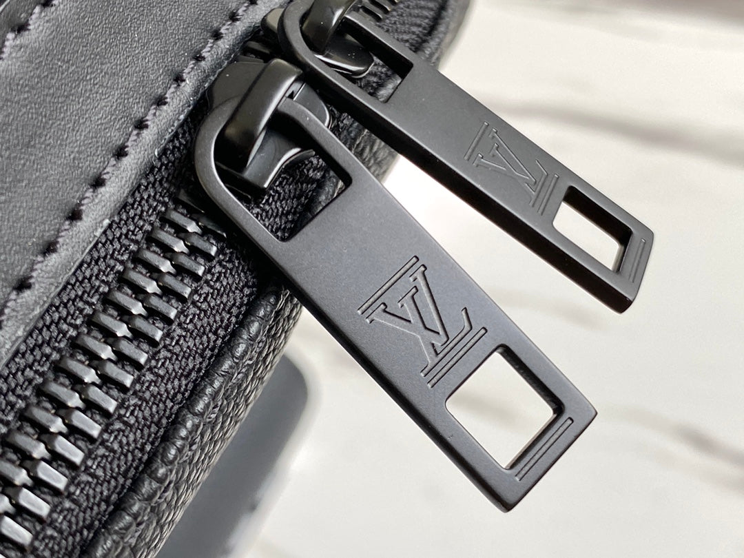 Louis Vuitton Luxury Matte Black Textured Leather Backpack with Pocket