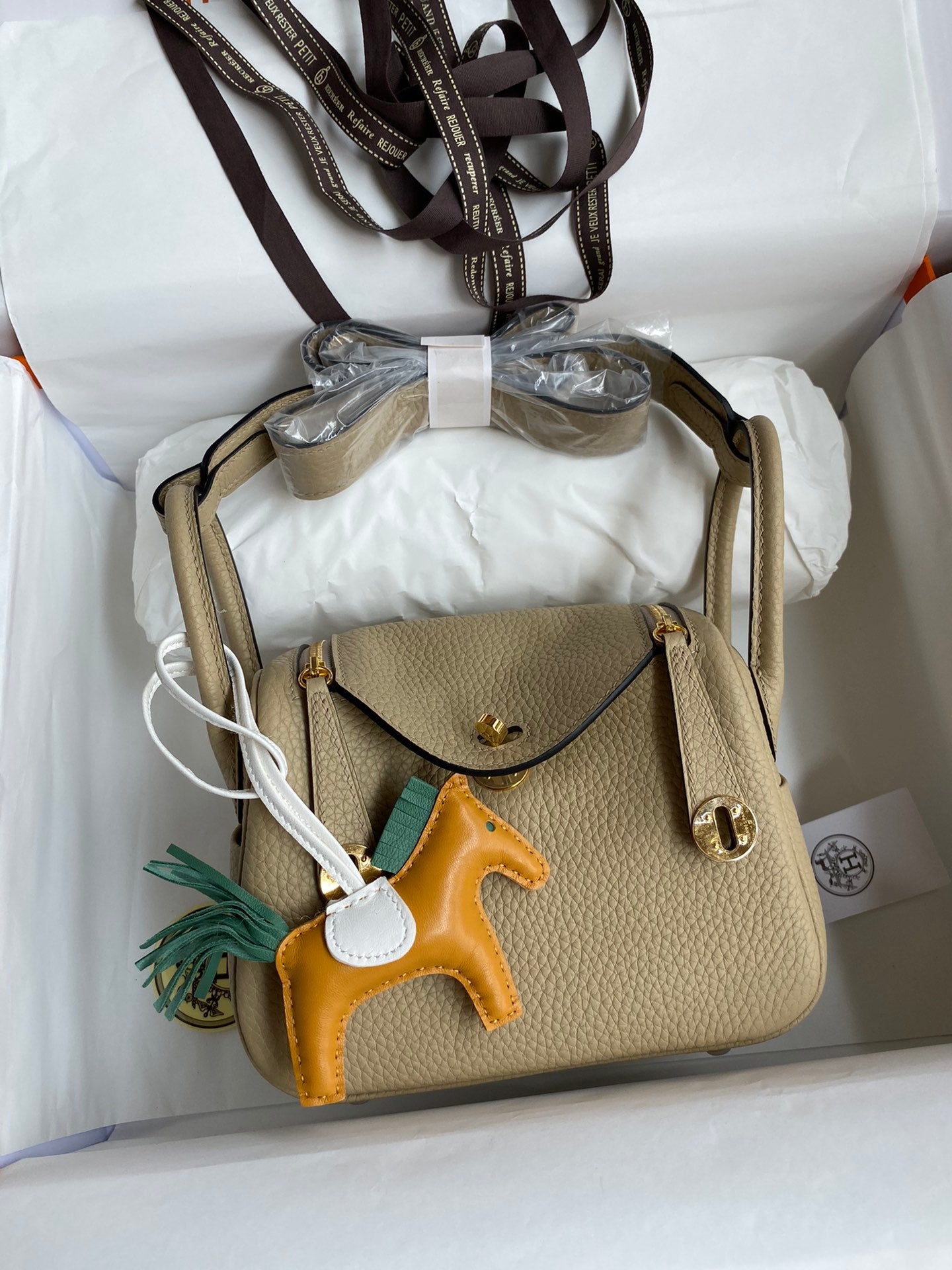 Mini Lindy Style Leather Handbag - Beige Luxury Crossbody Shoulder Bag