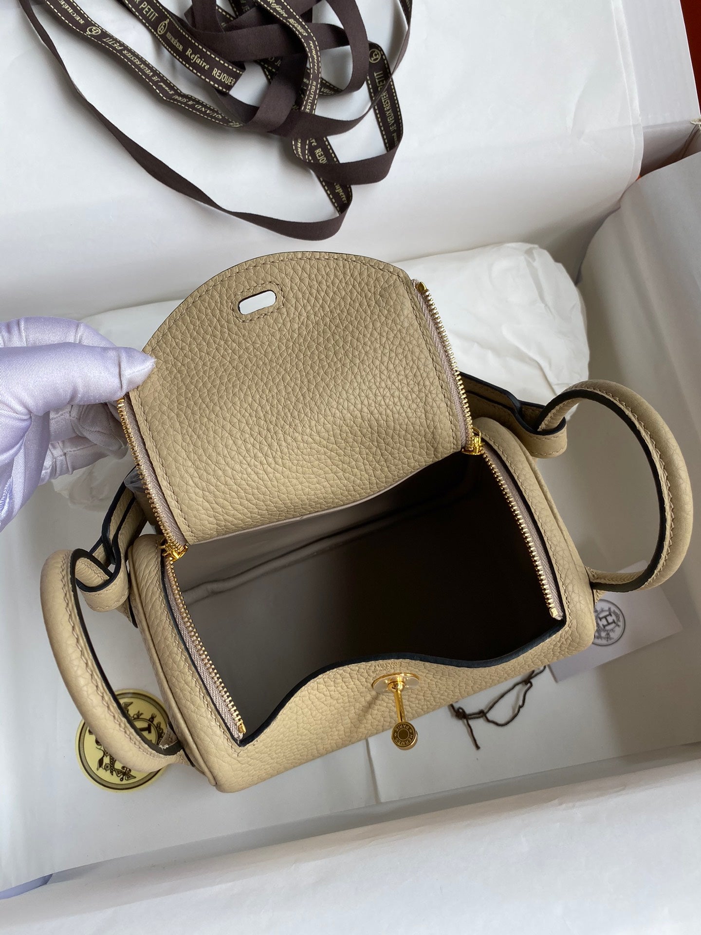 Mini Lindy Style Leather Handbag - Beige Luxury Crossbody Shoulder Bag