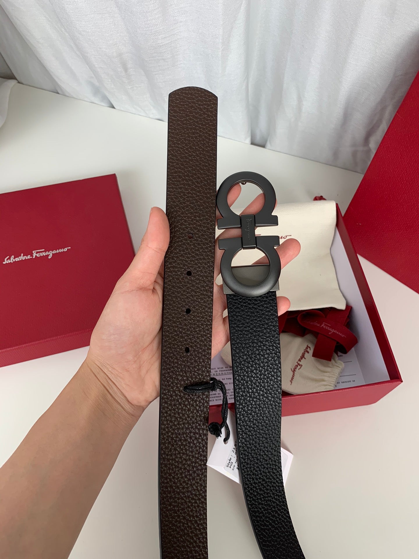Salvatore Ferragamo Men's Gancini Buckle Black Leather Belt with Box and Dust Bag