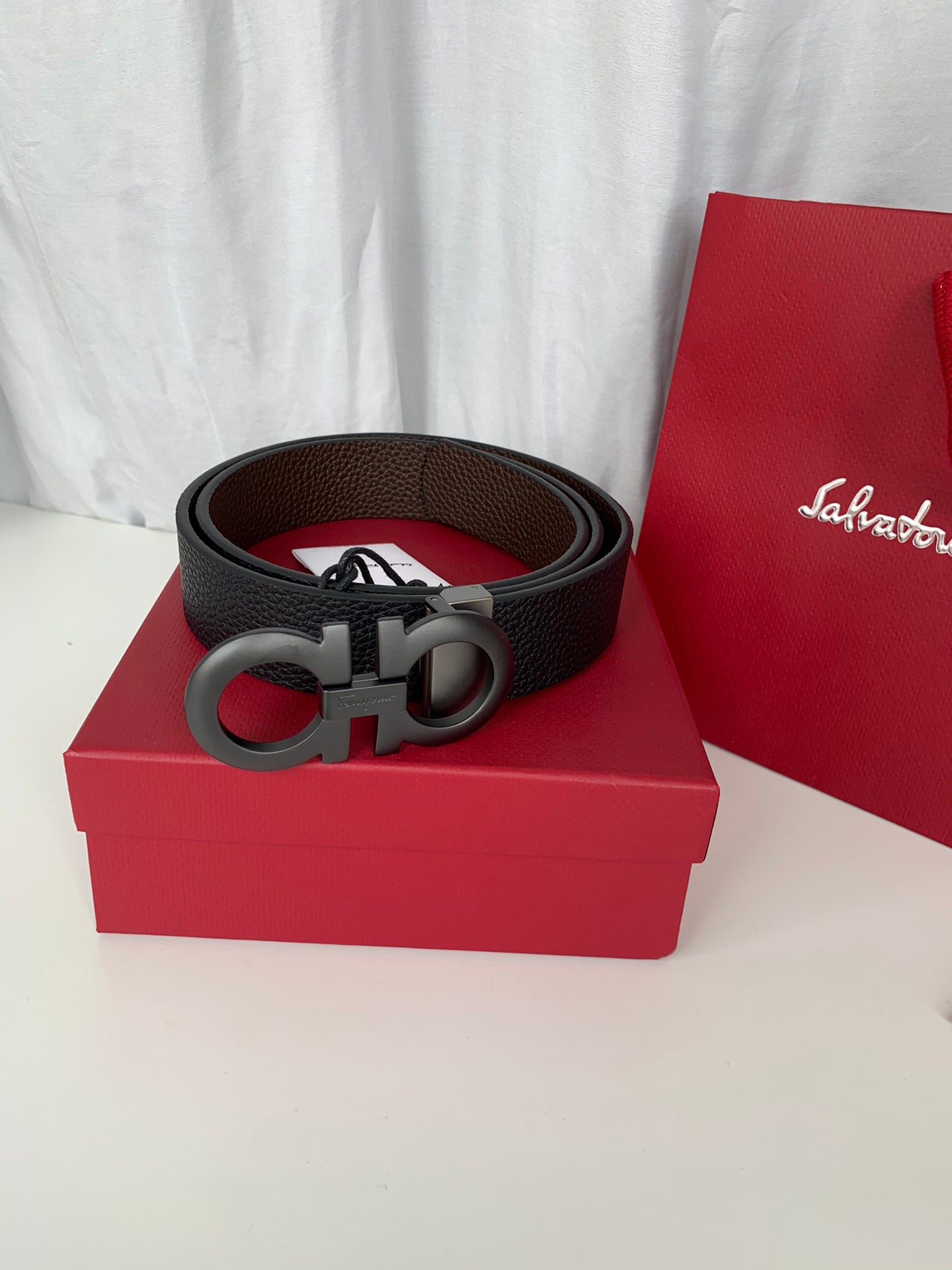 Salvatore Ferragamo Men's Gancini Buckle Black Leather Belt with Box and Dust Bag