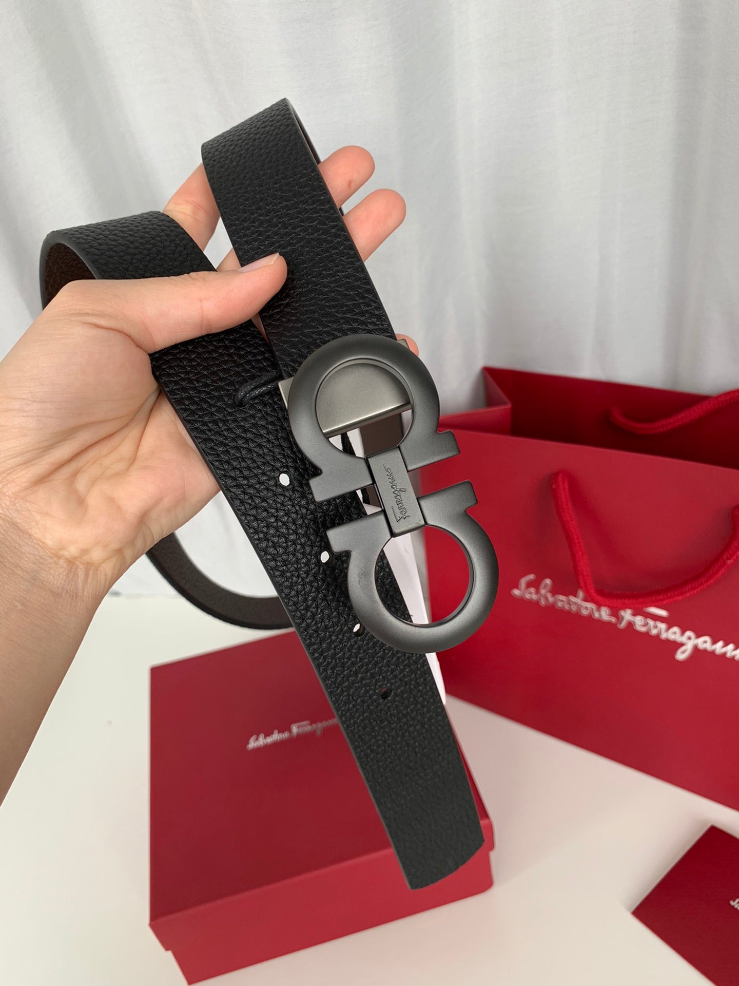Salvatore Ferragamo Men's Gancini Buckle Black Leather Belt with Box and Dust Bag