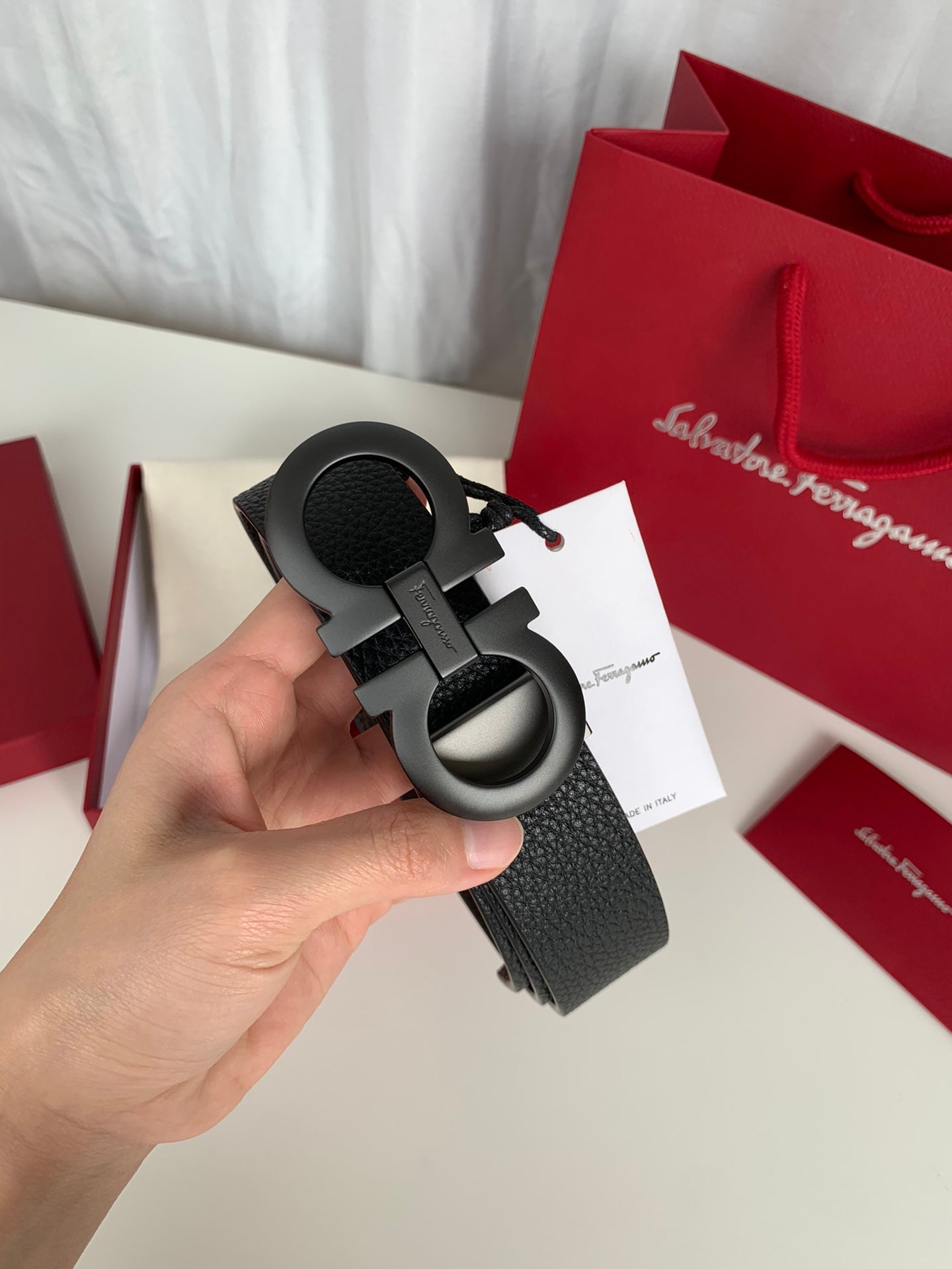 Salvatore Ferragamo Men's Gancini Buckle Black Leather Belt with Box and Dust Bag
