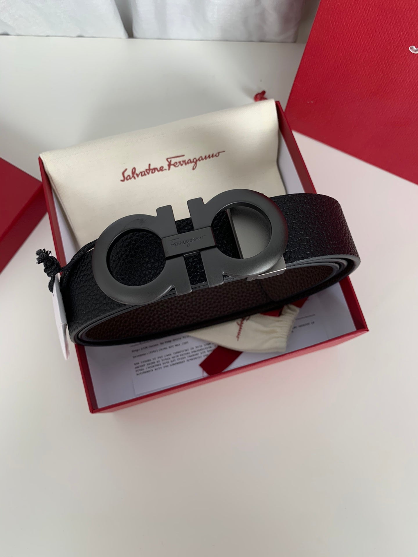 Salvatore Ferragamo Men's Gancini Buckle Black Leather Belt with Box and Dust Bag