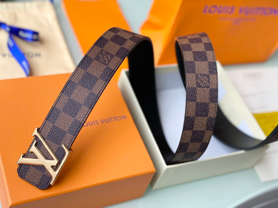 Louis Vuitton LV Initiales 40mm Belt in Damier Ebene Canvas with Gold-Tone Buckle