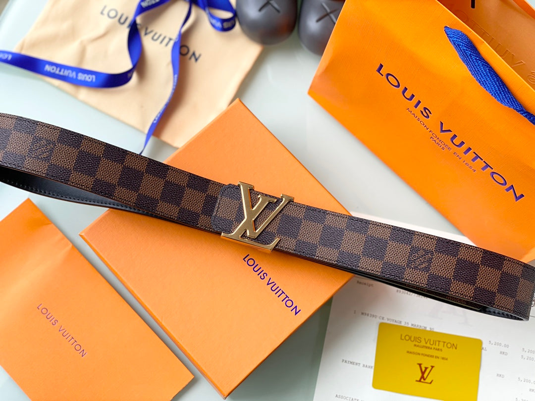 Louis Vuitton LV Initiales 40mm Belt in Damier Ebene Canvas with Gold-Tone Buckle