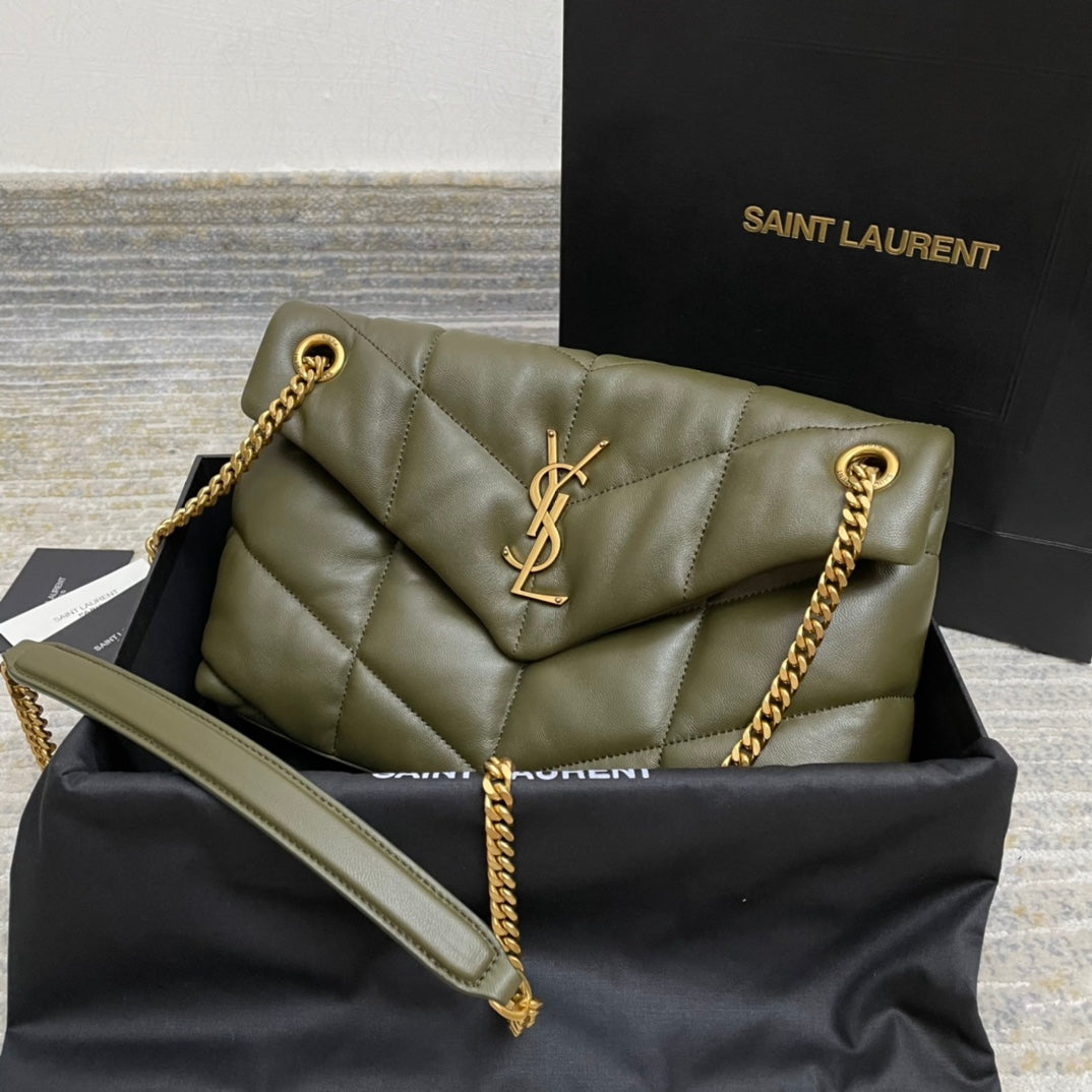Saint Laurent Loulou Puffer Small Shoulder Bag in Olive Green Quilted Leather