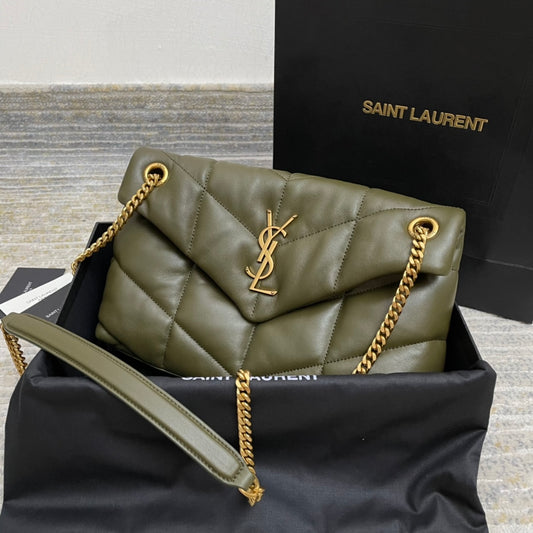 Saint Laurent Loulou Puffer Small Shoulder Bag in Olive Green Quilted Leather