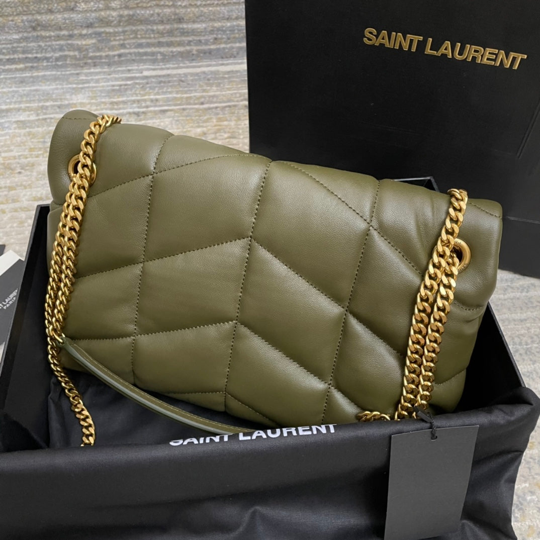 Saint Laurent Loulou Puffer Small Shoulder Bag in Olive Green Quilted Leather