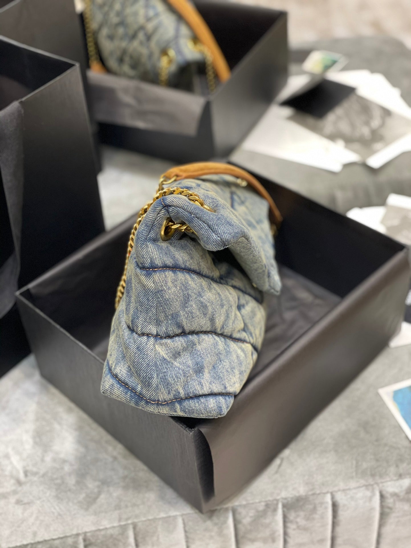 Saint Laurent Medium Loulou Puffer Bag in Quilted Denim and Tan Leather
