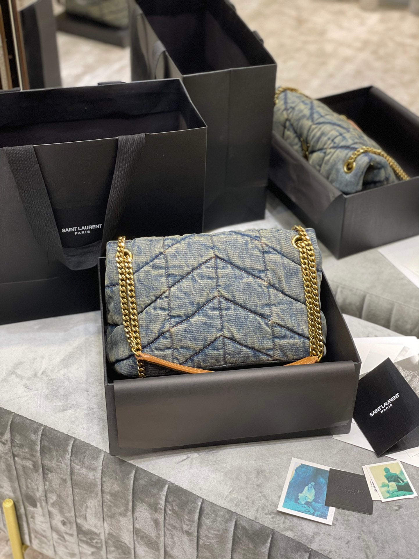 Saint Laurent Medium Loulou Puffer Bag in Quilted Denim and Tan Leather