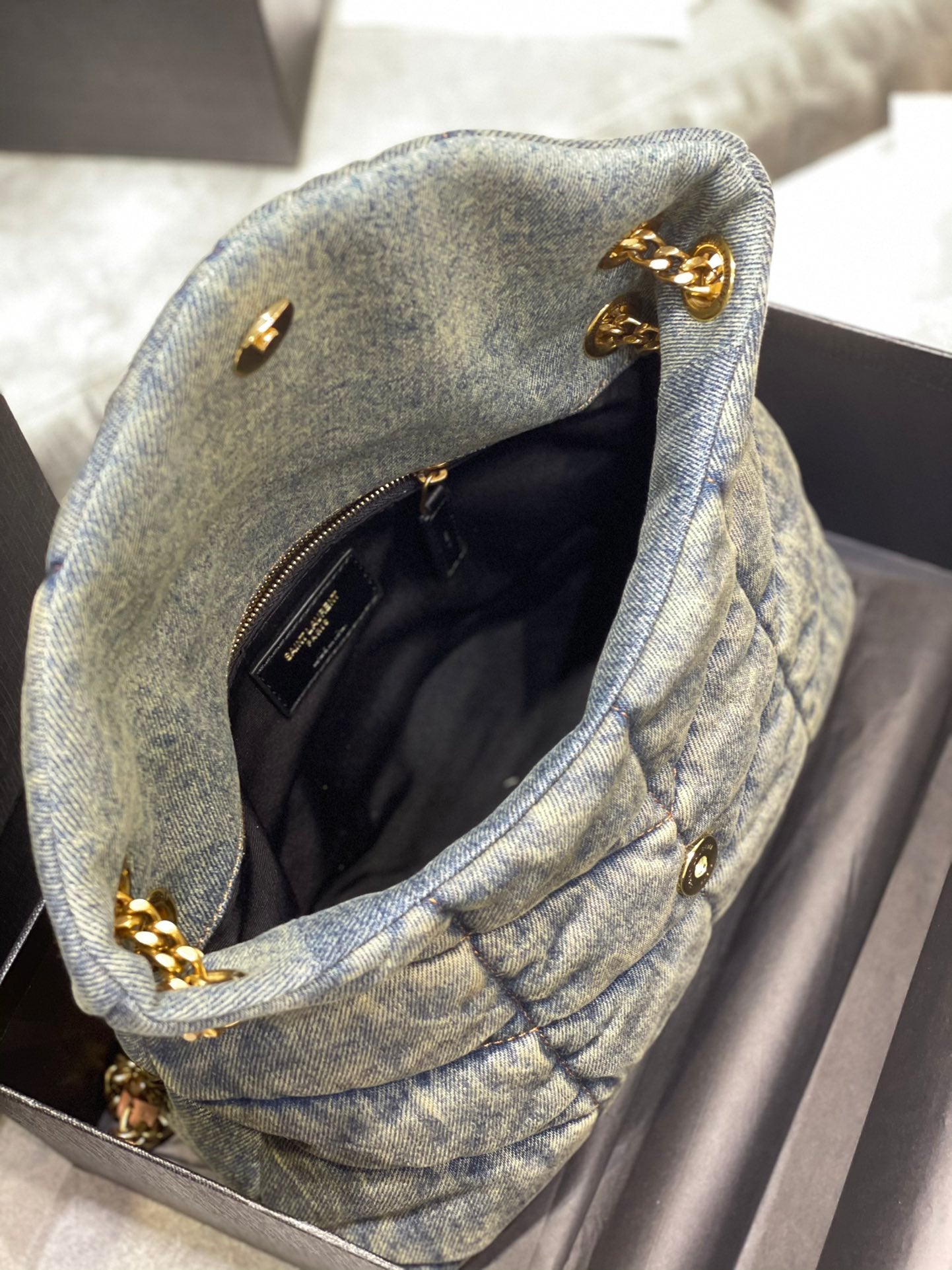 Saint Laurent Medium Loulou Puffer Bag in Quilted Denim and Tan Leather
