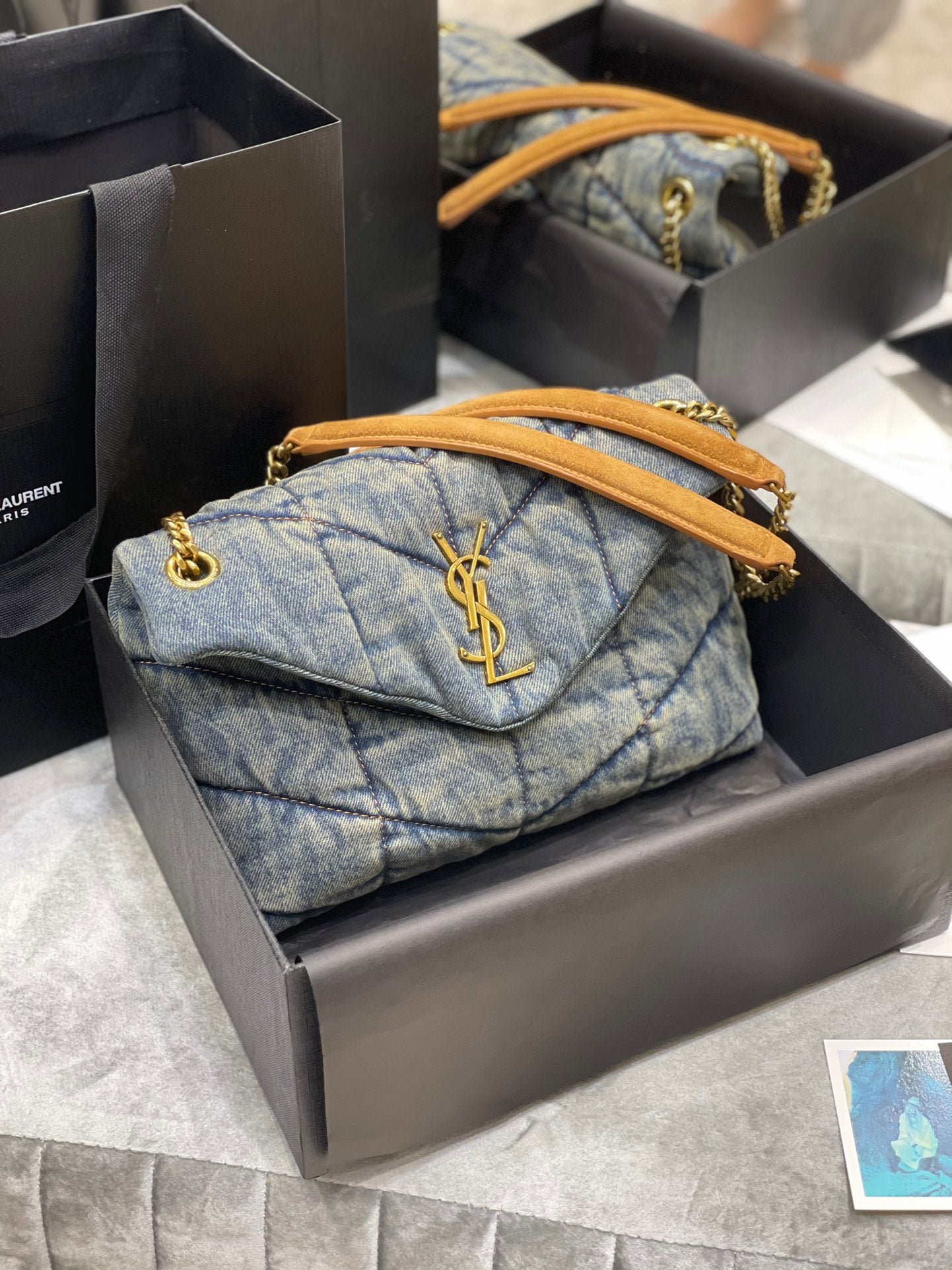 Saint Laurent Medium Loulou Puffer Bag in Quilted Denim and Tan Leather
