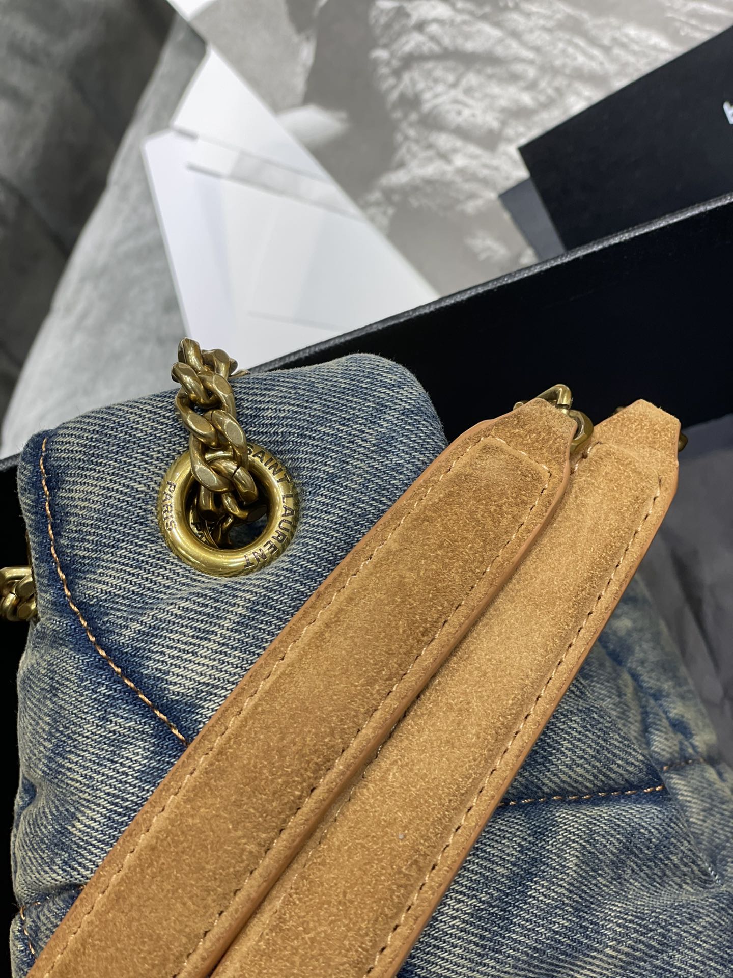 Saint Laurent Medium Loulou Puffer Bag in Quilted Denim and Tan Leather