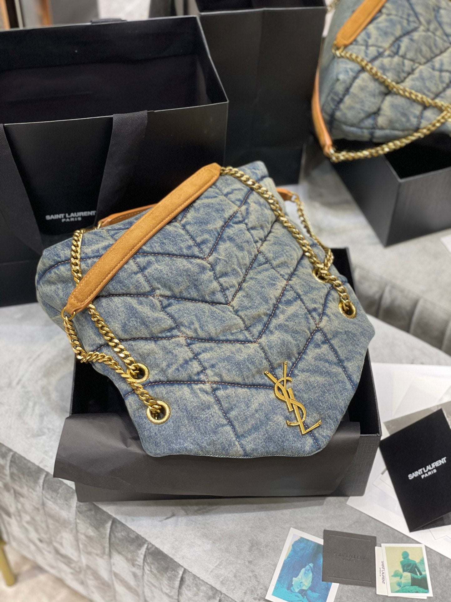 Saint Laurent Medium Loulou Puffer Bag in Quilted Denim and Tan Leather