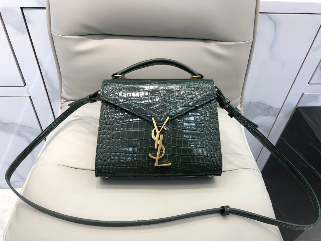 Saint Laurent Cassandra Medium Top Handle Bag in Crocodile-Embossed Leather - Dark Green