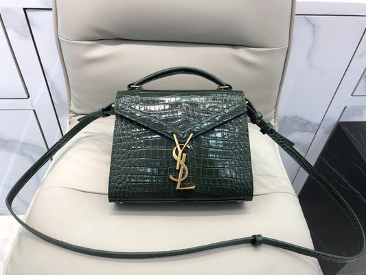 Saint Laurent Cassandra Medium Top Handle Bag in Crocodile-Embossed Leather - Dark Green