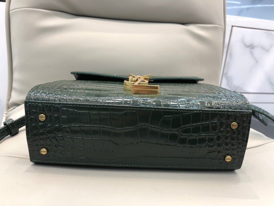 Saint Laurent Cassandra Medium Top Handle Bag in Crocodile-Embossed Leather - Dark Green