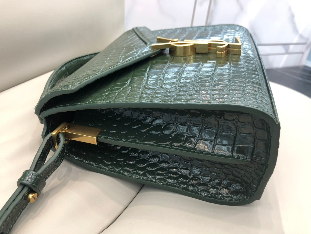 Saint Laurent Cassandra Medium Top Handle Bag in Crocodile-Embossed Leather - Dark Green