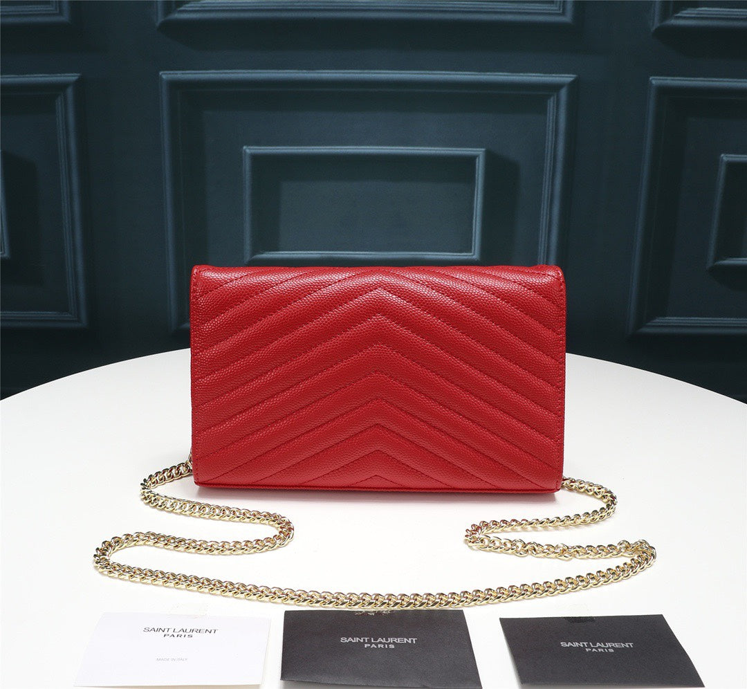 Saint Laurent Monogram Chain Wallet in Red Matelassé Leather