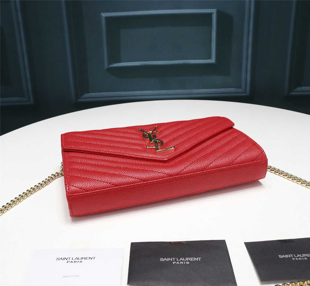 Saint Laurent Monogram Chain Wallet in Red Matelassé Leather