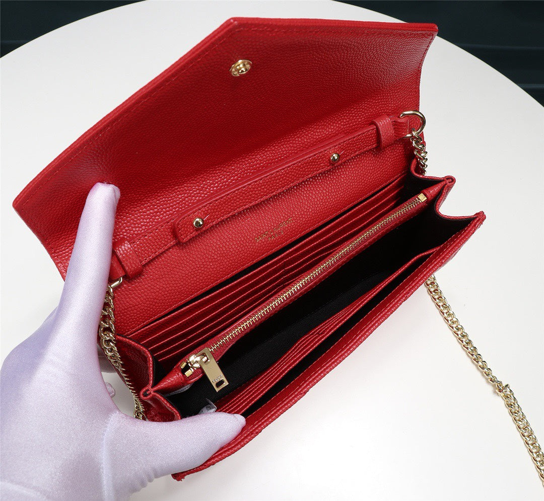 Saint Laurent Monogram Chain Wallet in Red Matelassé Leather