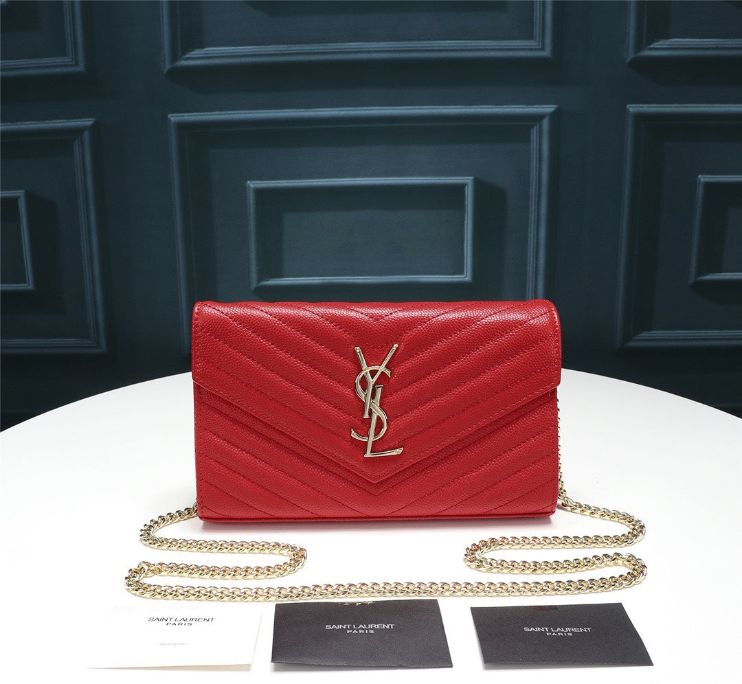 Saint Laurent Monogram Chain Wallet in Red Matelassé Leather