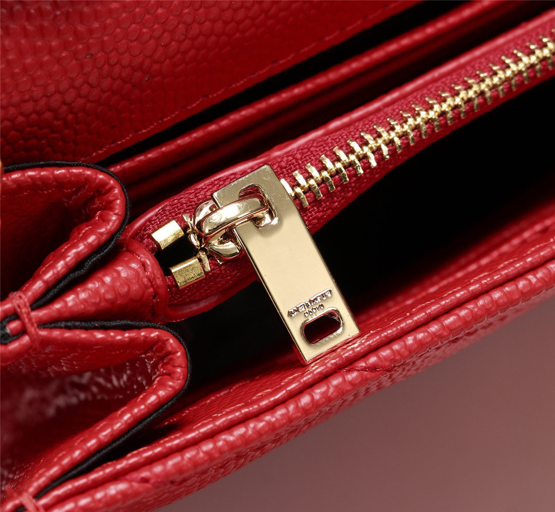 Saint Laurent Monogram Chain Wallet in Red Matelassé Leather