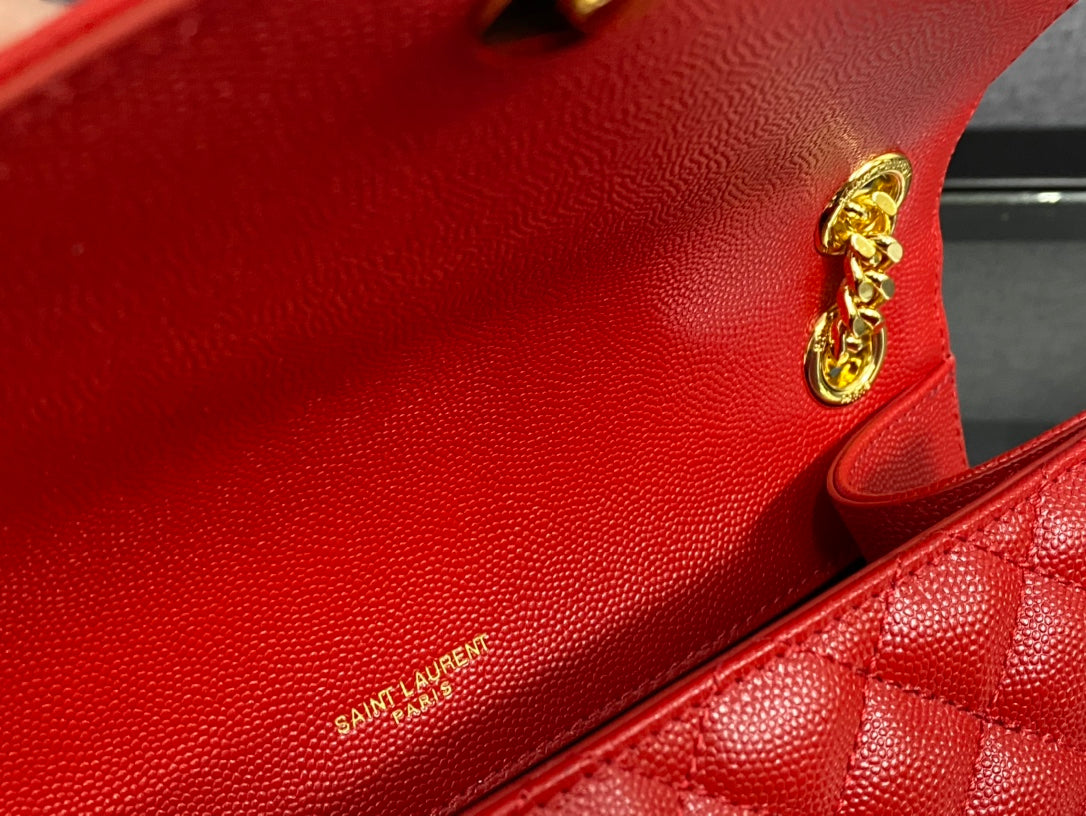 Saint Laurent Envelope Medium Bag in Quilted Grain de Poudre Embossed Leather - Red