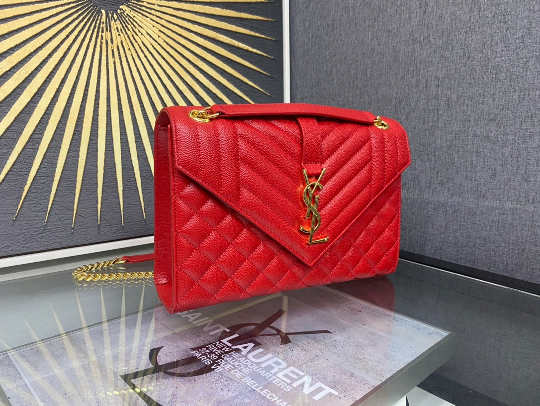 Saint Laurent Envelope Medium Bag in Quilted Grain de Poudre Embossed Leather - Red