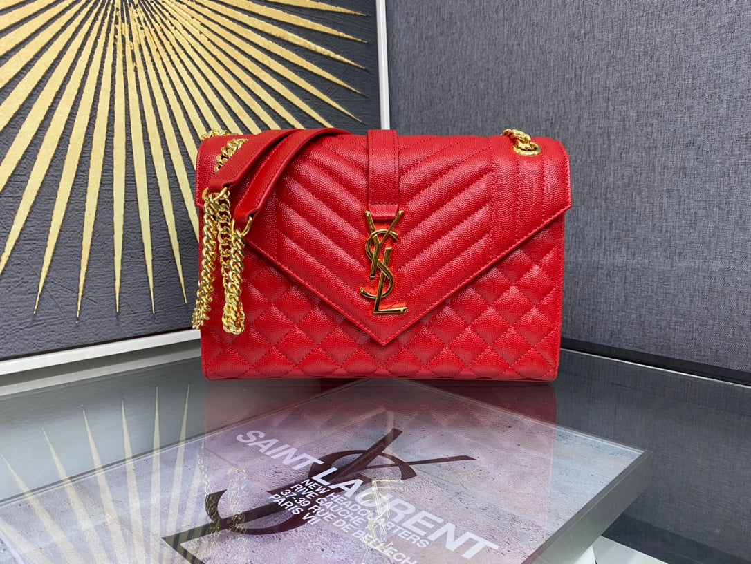 Saint Laurent Envelope Medium Bag in Quilted Grain de Poudre Embossed Leather - Red