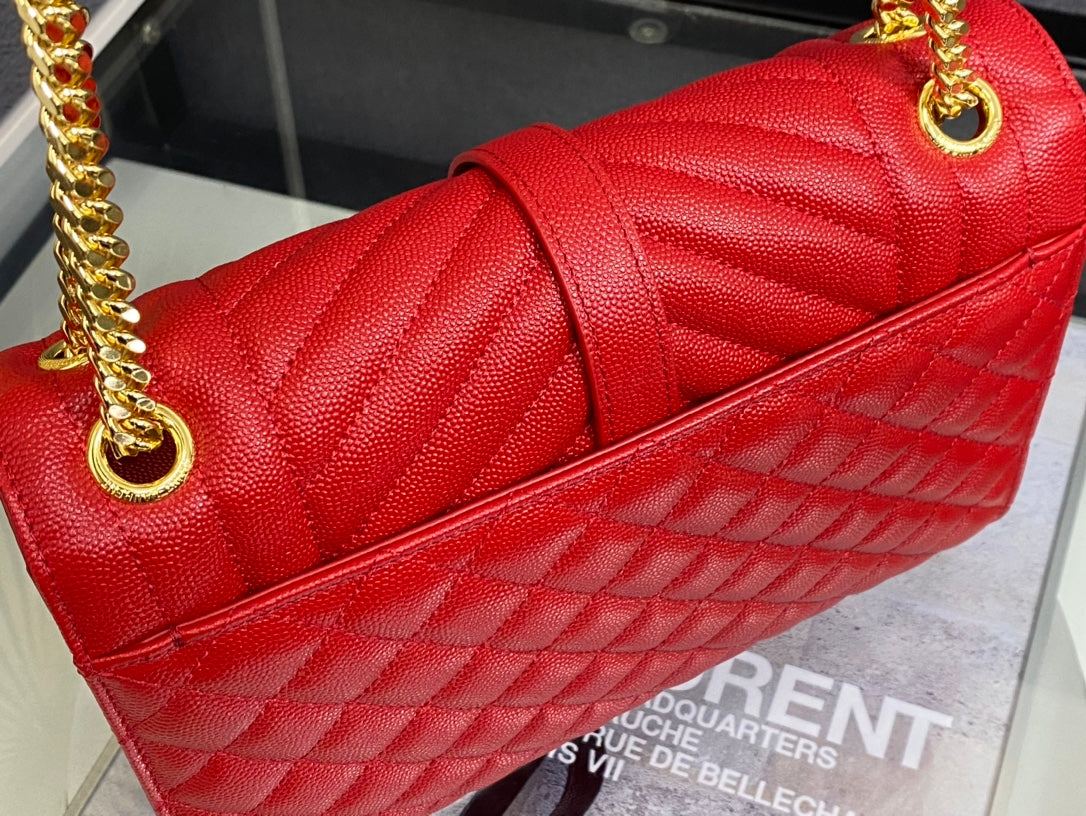 Saint Laurent Envelope Medium Bag in Quilted Grain de Poudre Embossed Leather - Red