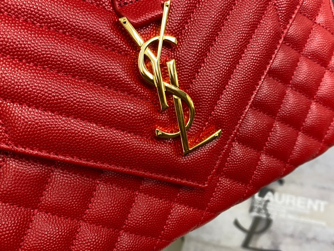 Saint Laurent Envelope Medium Bag in Quilted Grain de Poudre Embossed Leather - Red
